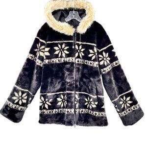 Vtg 90s New York Classics Black & Beige Faux Fur Snowflakes Hooded Winter Coat M